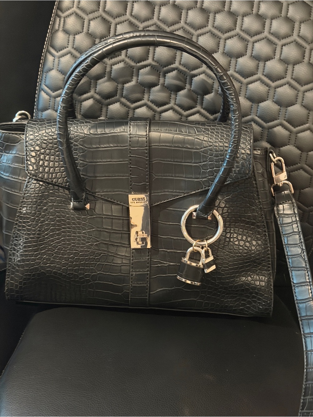 Guess Black Croc-Embossed Top Handle Satchel with Gold Hardware